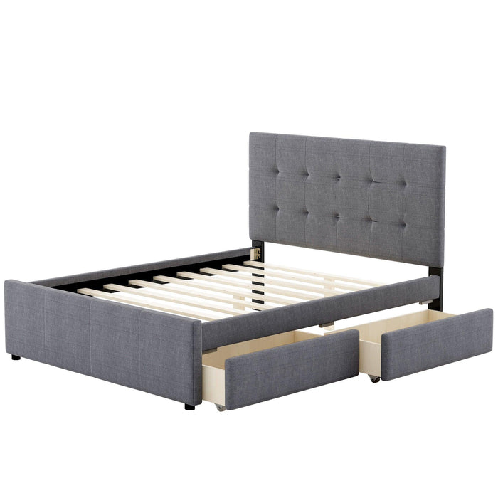 Queen Size Linen Upholstered Platform Bed With Headboard and Two Drawers,Gray