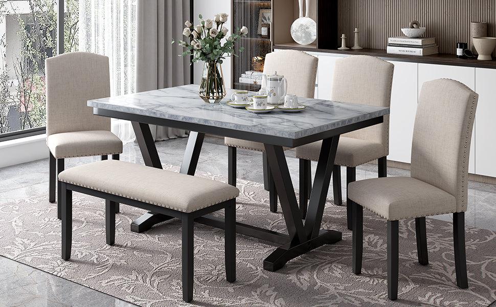 Modern Style 6-piece Dining Table with 4 Chairs & 1 Bench, Table with Marbled Veneers Tabletop and V-shaped Table Legs (White)