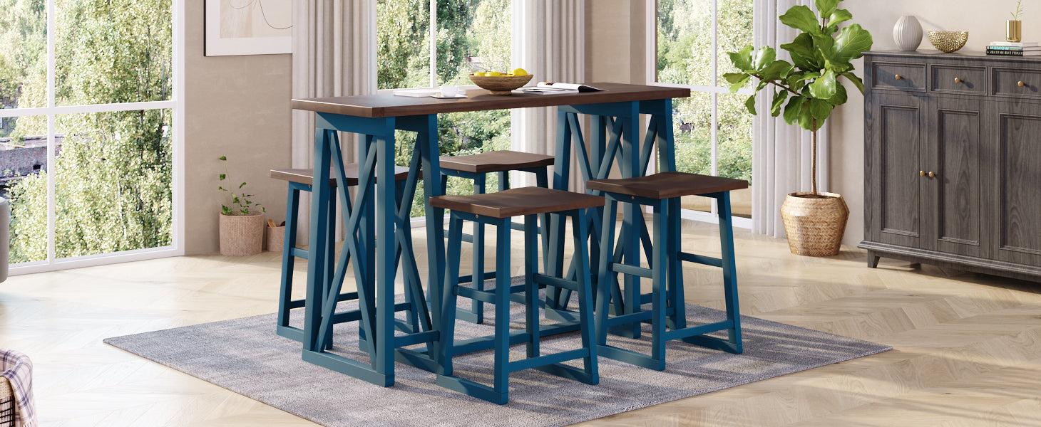 Rustic Counter Height 5-Piece Dining Set, Wood Console Table Set with 4 Stools for Small Places,Walnut+Blue