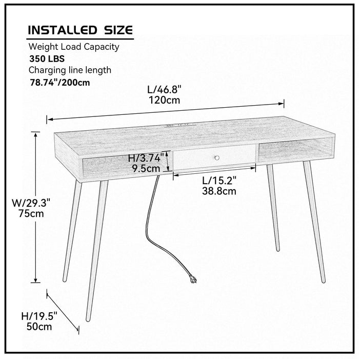 Mid Century Desk with USB Ports and Power Outlet,Modern Writing Study Desk with Drawers, Multifunctional Home Office Computer Desk Black