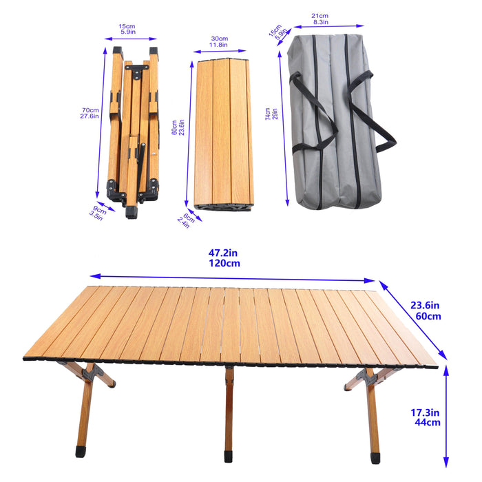 Portable picnic table, rollable aluminum alloy table top, with folding solid X-shaped frame, and handbag ZB1003MW