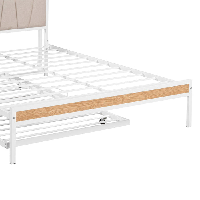 Queen Size Metal Platform Bed Frame with Twin size trundle, Upholstered headboard ，Sockets, USB Ports and Slat Support ,No Box Spring Needed，White