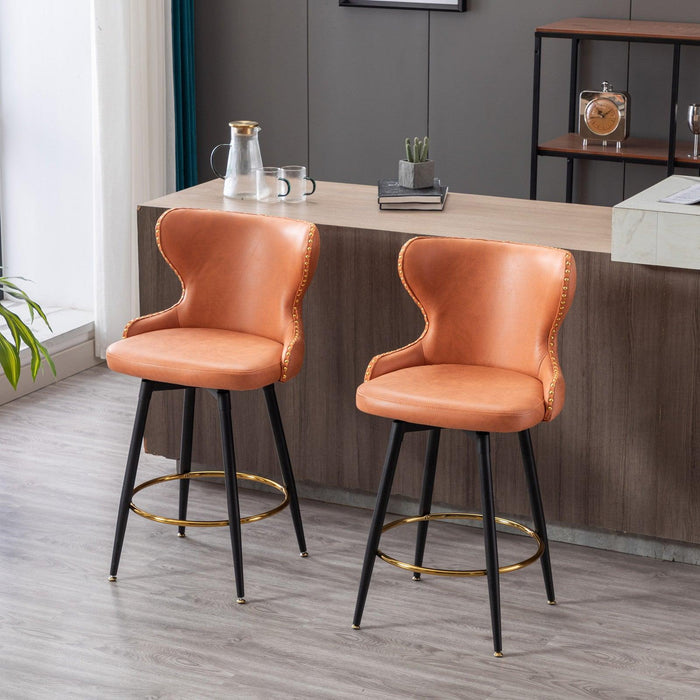 Counter Height 25"Modern Leathaire Fabric bar chairs,180° Swivel Bar Stool Chair for Kitchen,Tufted Gold Nailhead Trim Bar Stools with Metal Legs,Set of 2 (Orange)