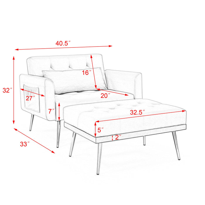 Recline Sofa Chair with Ottoman, Two Arm Pocket and Wood Frame include 1 Pillow, Grey (40.5”x33”x32”)