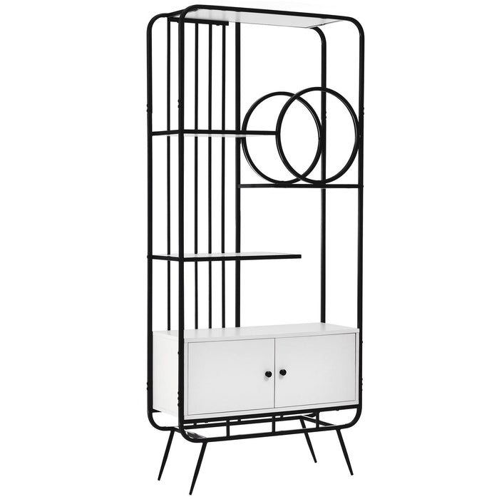 Home Office Bookcase with Cabinet Open BookshelfStorage Large Bookshelf Furniture with Black Metal Frame, White