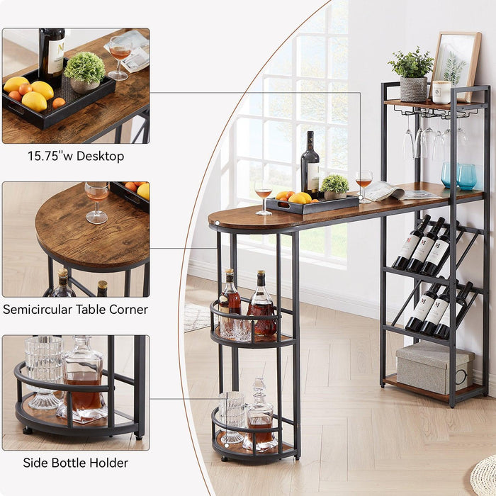 Bar table and stool set with 2 bar stools, with bottle holder, glass holder and side organizer, multifunctional high bar table with space for 8 bottles and 9 glasses.