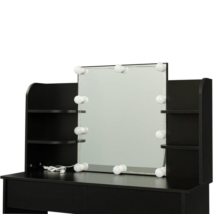 Modern Dressing table with 2 Drawers, 4 open shelves，Rectangular Makeup Table with Mirror, 10-lamp bulb,,42.52*15.75* 52.76inch,for Bedroom, Black