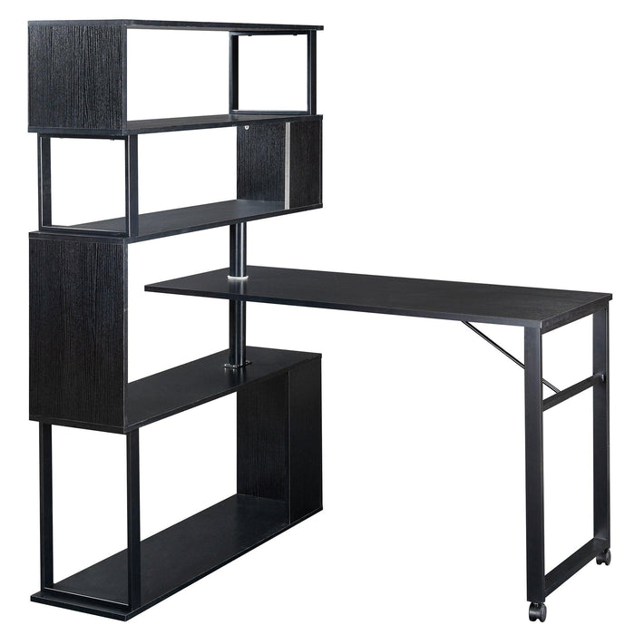 Home Office Computer Desk L-Shaped Corner Table, Rotating Computer Table with 5-Tier Bookshelf, Four Installation Methods, Lockable Casters (Black)