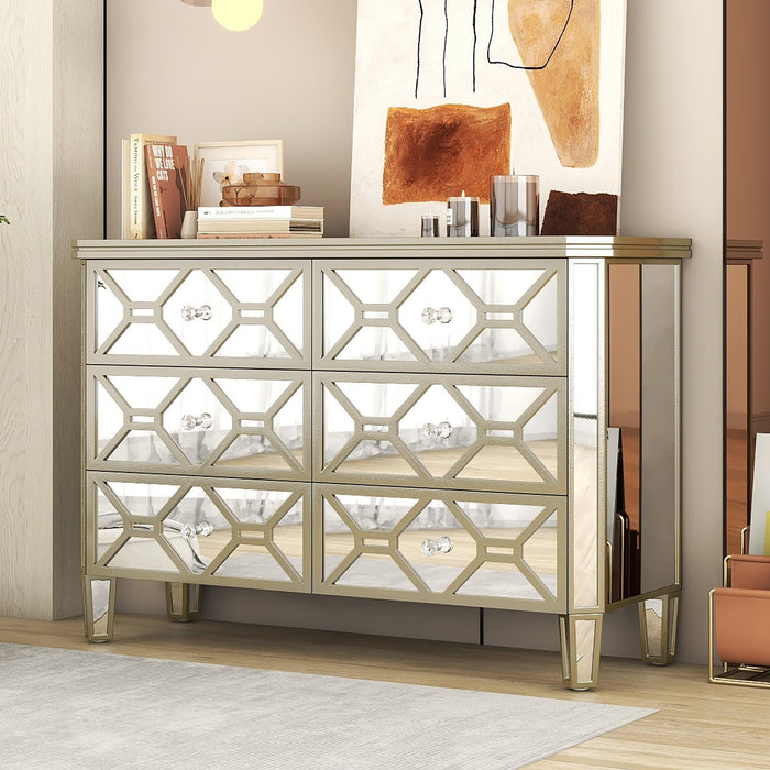 Elegant Mirrored 6-Drawer Dresser with Golden LinesStorage Cabinet for Living Room, Hallway, Entryway