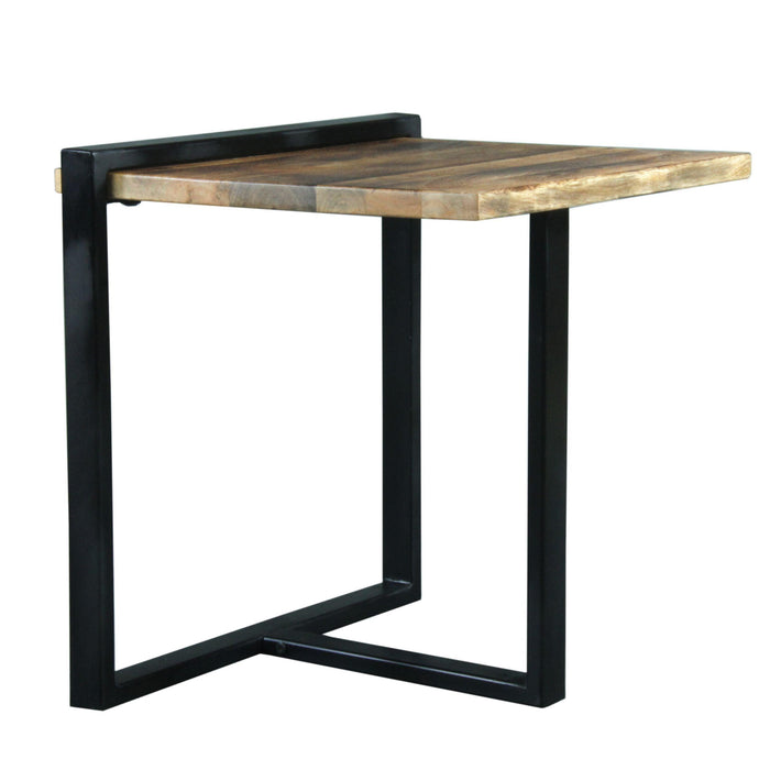 Industrial End Table with Wooden Rectangular Top and Metal Frame, Brown and Black