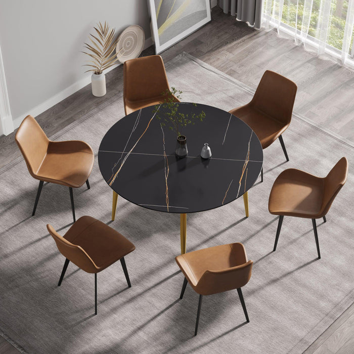 53.15 "Modern artificial stone black round dining table with golden metal legs-can accommodate 6 people.