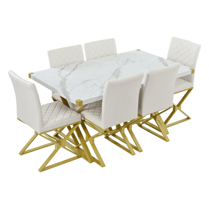 7-PieceModern Dining Table Set, Rectangular Marble Texture Kitchen Table and 6 PU leather Chairs with X-Shaped Gold Steel Pipe Legs for Dining Room (White)