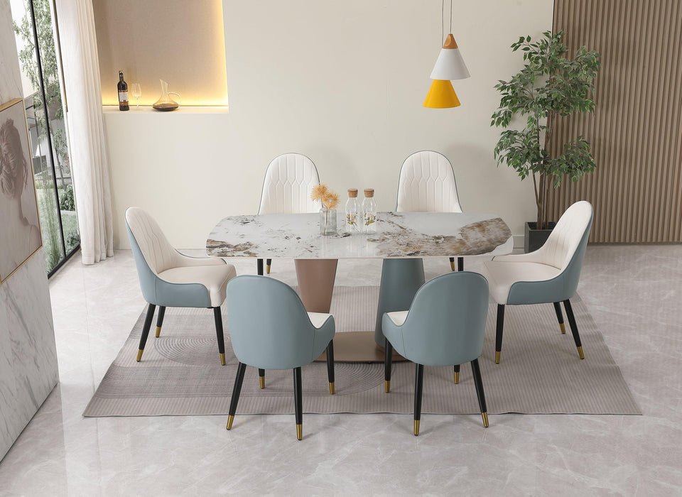 71"  Pandora color sintered stone dining table with cone shape  Pedestal Base in champagne and blue color