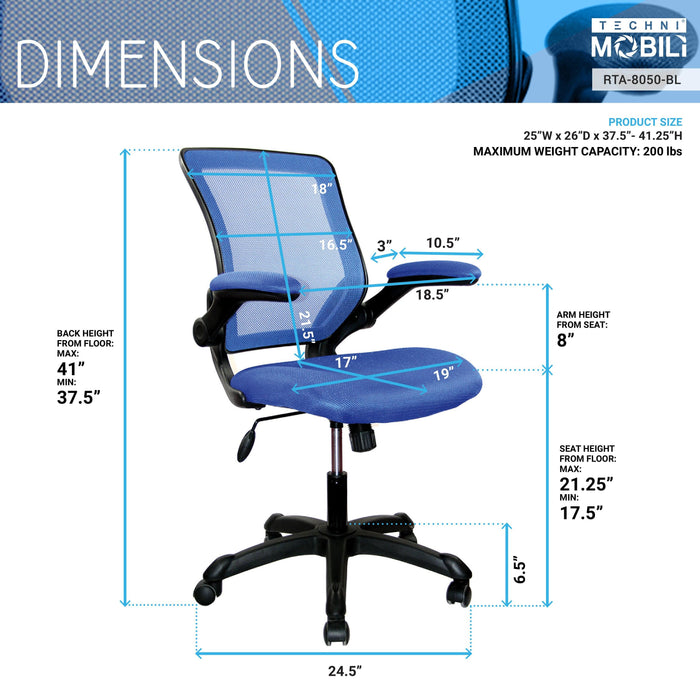 Techni Mobili Mesh Task Office Chair with Flip Up Arms, Blue