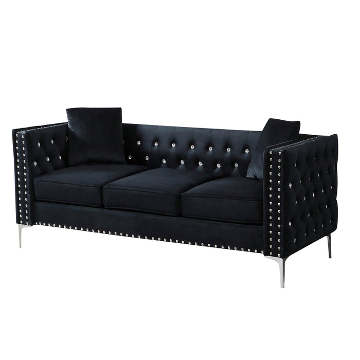 82.3" WidthModern Velvet Sofa Jeweled Buttons Tufted Square Arm Couch Black,2 Pillows Included