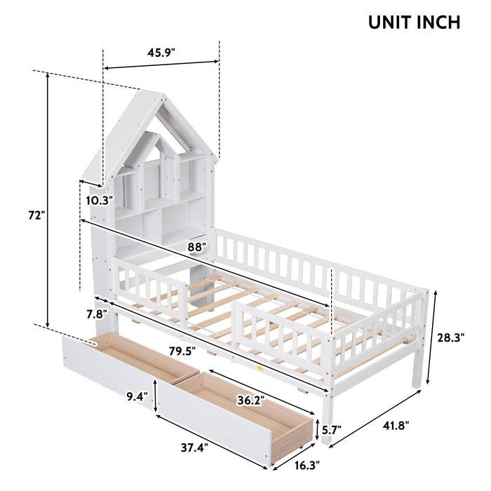 Twin Size House-Shaped Headboard Bed with Fence Guardrails and Drawers ,White