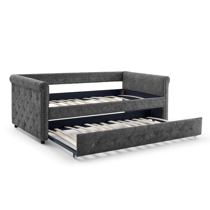 Daybed with Trundle Upholstered Tufted Sofa Bed, with Button and Copper Nail on Arms，both Twin Size, Grey（85.5“x42”x30.5“）