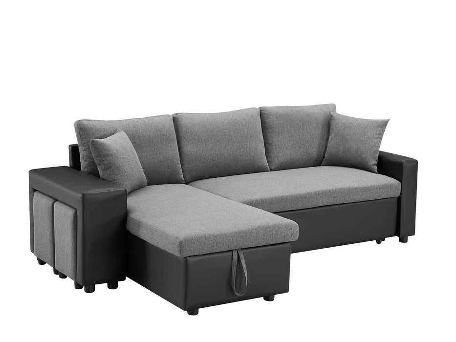 92.5“Linen Reversible Sleeper Sectional Sofa withStorage and 2 stools Steel Gray