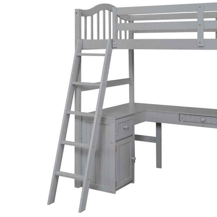 Twin size Loft Bed with Drawers, Cabinet, Shelves and Desk, Wooden Loft Bed with Desk - Gray