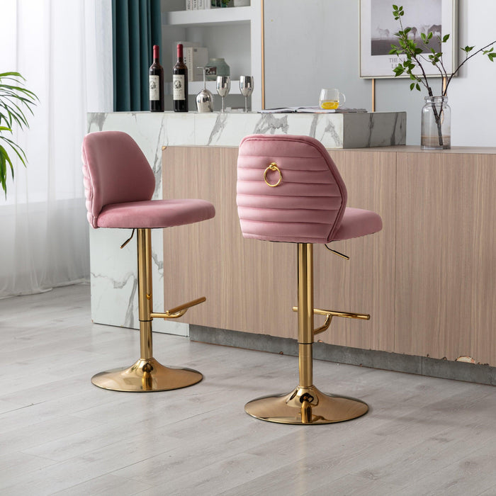 Swivel Bar Stools Chair Set of 2Modern Adjustable Counter Height Bar Stools, Velvet Upholstered Stool with Tufted High Back & Ring Pull for Kitchen ,Chrome Golden Base,Pink