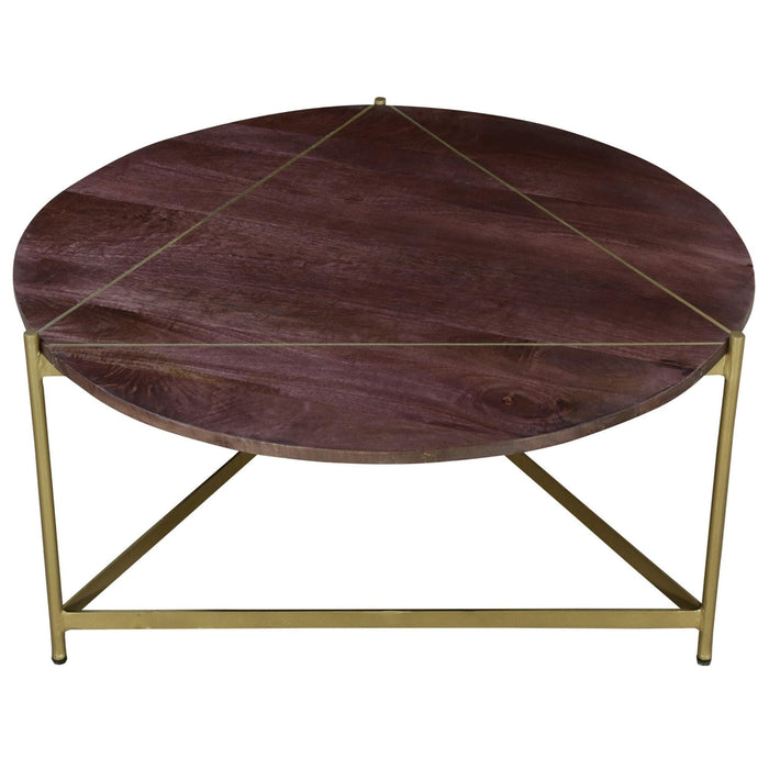 Ellis 32 Inch Round Wood Coffee Table with Brass Metal Base, Brown, Matte Gold