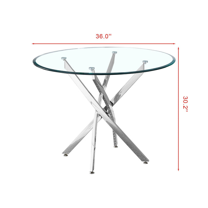 Contemporary Round Clear Dining Tempered Glass Table with Silver Finish Stainless Steel Legs