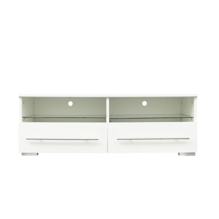 White TV cabinet has two drawers with dual end color-changing LED light strip