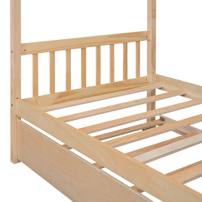 Twin Size Wooden House Bed with Twin Size Trundle, Natural