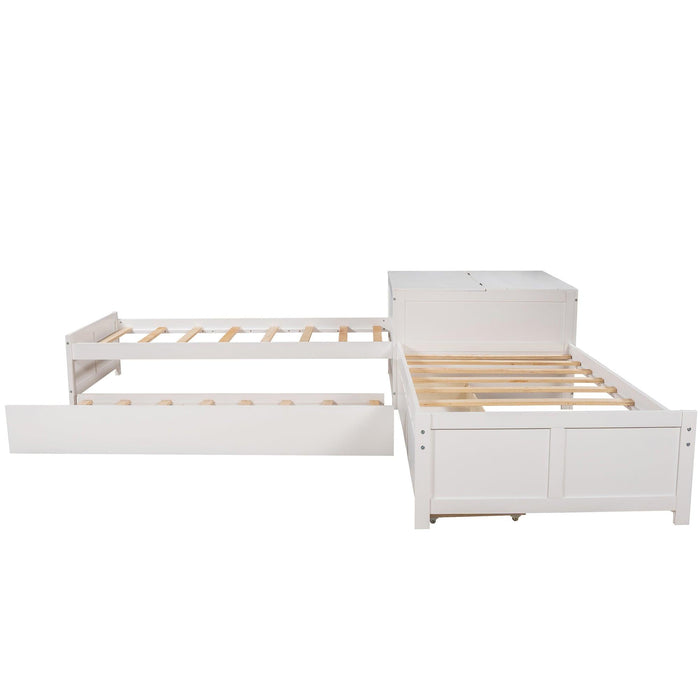 L-shaped Platform Bed with Trundle and Drawers Linked with built-in Flip Square Table,Twin,White