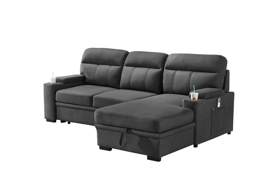 Kaden Gray Fabric Sleeper Sectional Sofa Chaise withStorage Arms and Cupholder