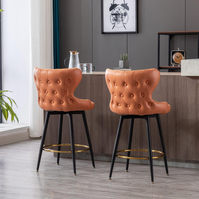 Counter Height 25"Modern Leathaire Fabric bar chairs,180° Swivel Bar Stool Chair for Kitchen,Tufted Gold Nailhead Trim Bar Stools with Metal Legs,Set of 2 (Orange)