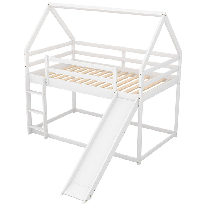 Twin Size Bunk House Bed with Slide and Ladder,White