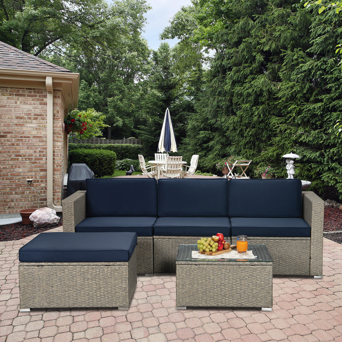 Outdoor Garden Patio Furniture 5-Piece Gray Mix Yellow PE Rattan Wicker Sectional Navy Cushioned Sofa Sets