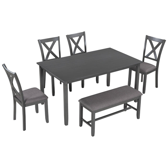 6-Piece Kitchen Dining Table Set Wooden Rectangular Dining Table, 4 Fabric Chairs and Bench Family Furniture (Gray)