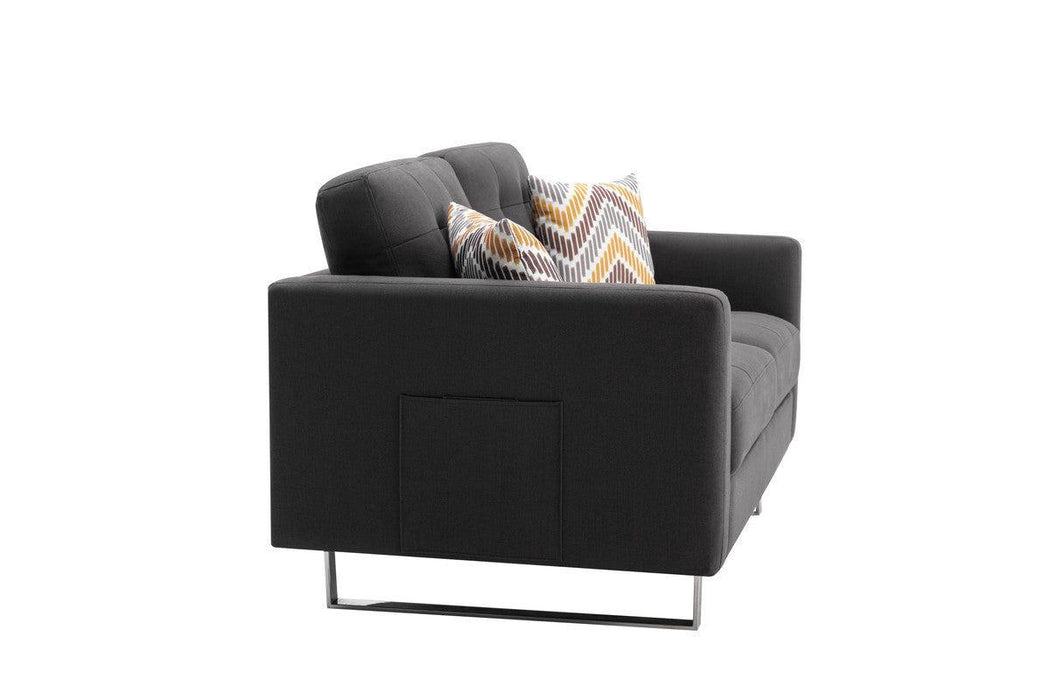 Victoria Dark Gray Linen Fabric Loveseat Chair Living Room Set with Metal Legs, Side Pockets, and Pillows