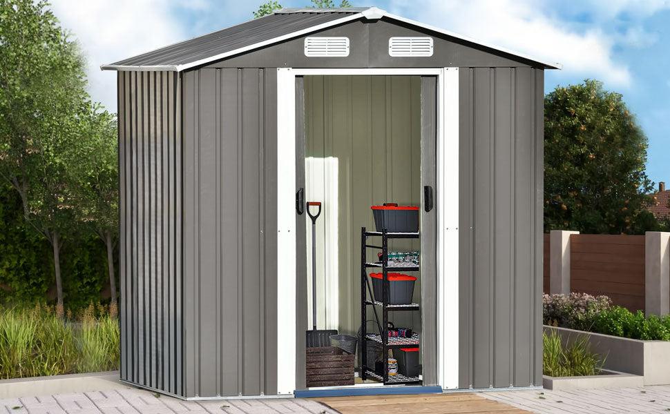 Patio 6ft x4ft Bike Shed Garden Shed, MetalStorage Shed with Lockable Door, Tool Cabinet with Vents and Foundation for Backyard, Lawn, Garden, Gray