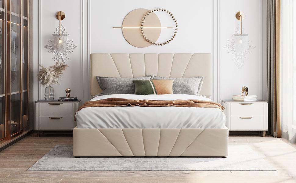 Queen size Upholstered Platform bed with a HydraulicStorage System - Beige