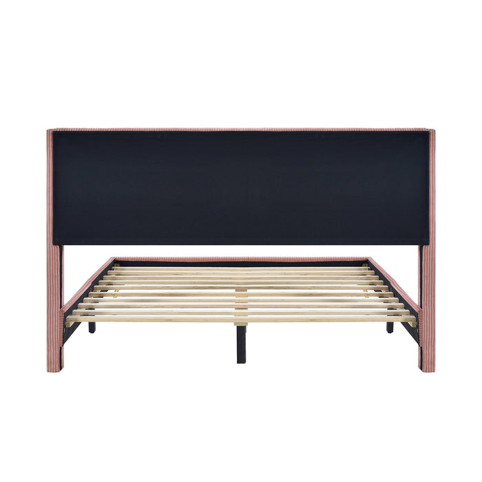 Queen Size Corduroy Platform Bed with Metal Legs, Pink