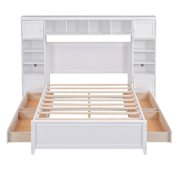 Full Size Wooden Bed With All-in-One Cabinet and Shelf, White