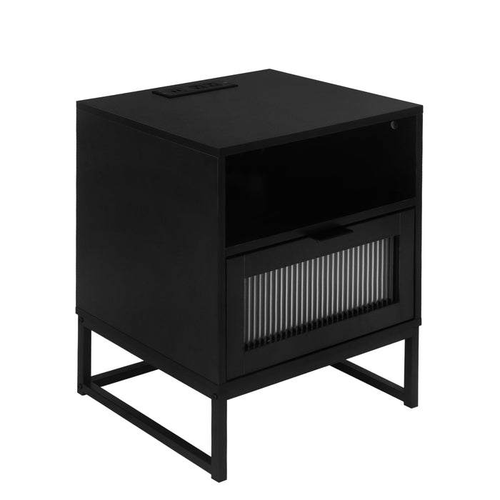 Nightstand with LED Lights / Drawer, Black Bedside Table for Bedroom