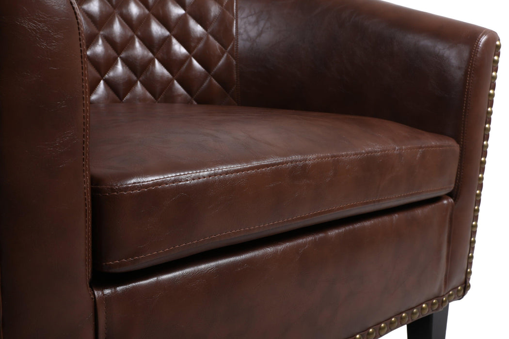 accent Barrel chair living room chair with nailheads and solid wood legs  Brown pu leather