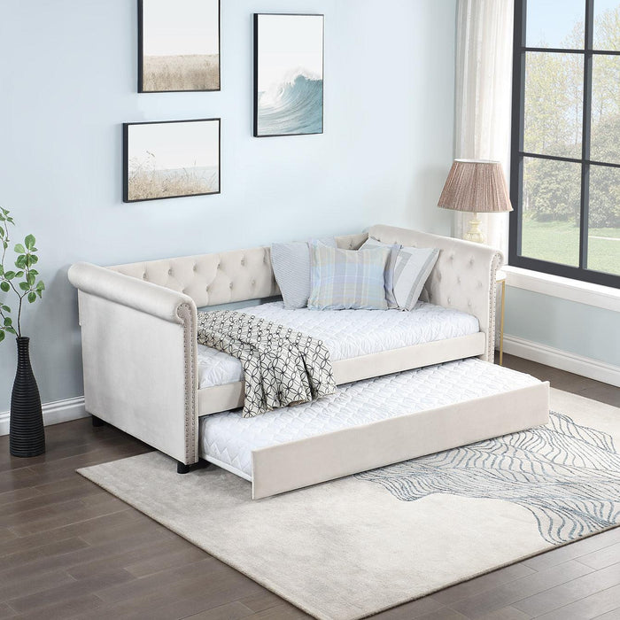 Daybed with Trundle Upholstered Tufted Sofa Bed, with Beautiful Round Armset Design, TWIN SIZE, Beige