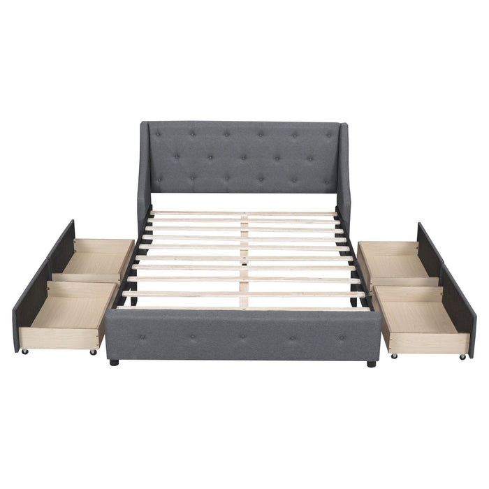 Upholstered Platform Bed with Wingback Tufted Headboard and 4 Drawers, No Box Spring Needed, Linen Fabric, Queen Size Gray