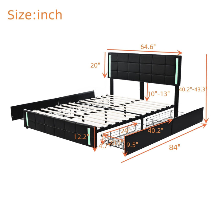 Queen Size Upholstered Platform Bed with LED Lights and USB Charging,Storage Bed with 4 Drawers, Black