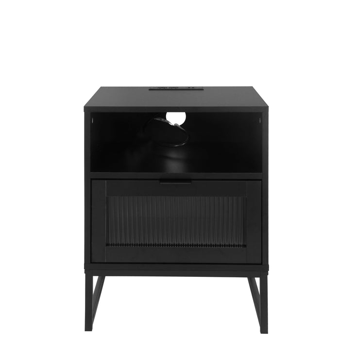 Nightstand with LED Lights / Drawer, Black Bedside Table for Bedroom