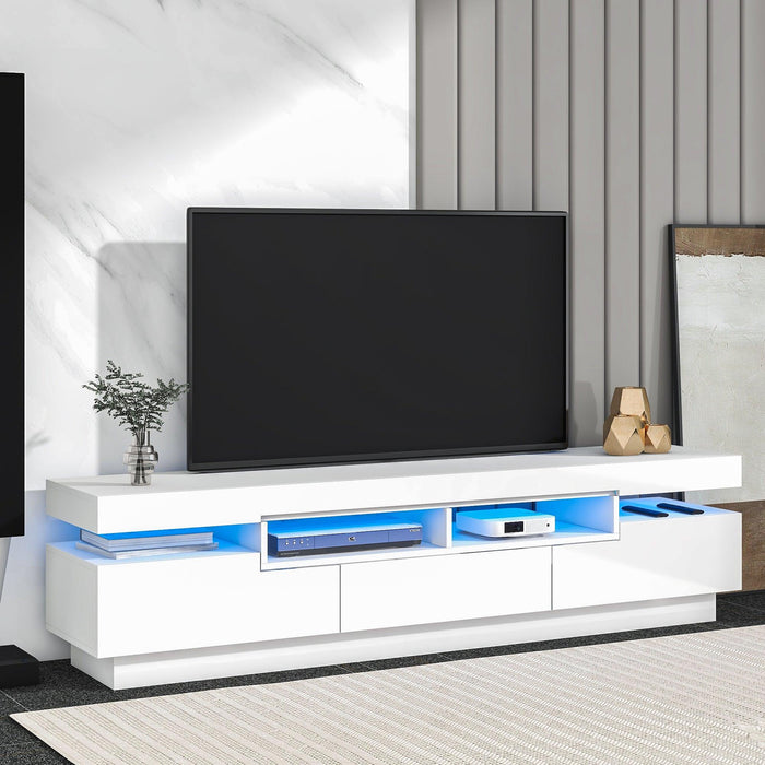 TV Stand with 4 Open Shelves,Modern High Gloss Entertainment Center for 75 Inch TV, Universal TVStorage Cabinet with 16-color RGB LED Color Changing Lights, White