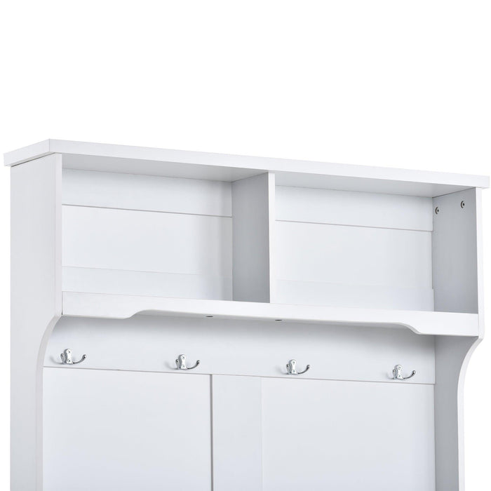 Hall Tree Entryway Bench with Shelves Cabinet and Four Hooks, 3-in-1 Design, White