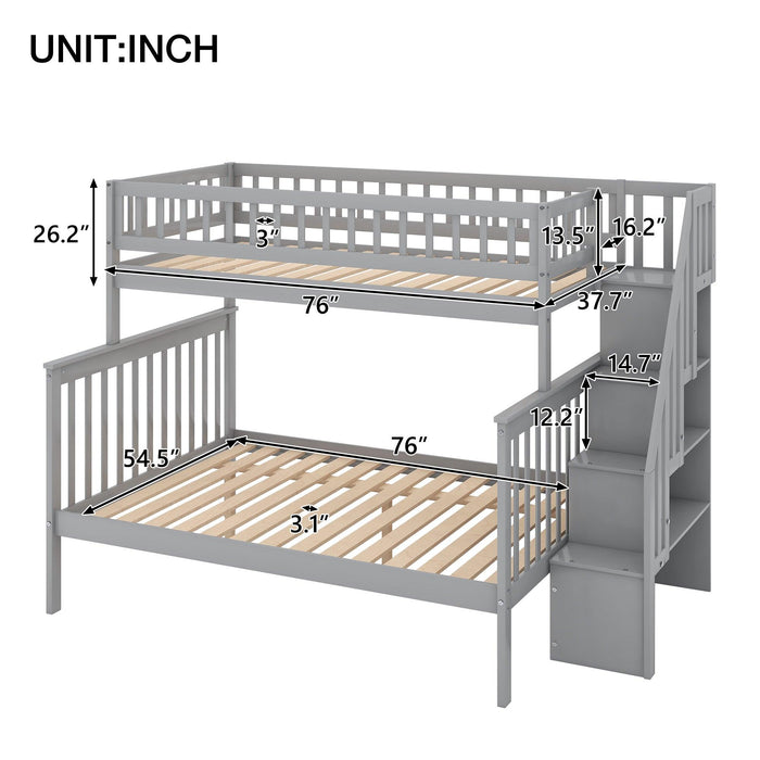 Twin over Full Stairway Bunk Bed withStorage, Gray