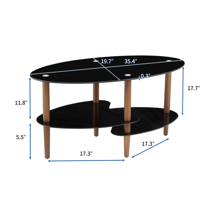 Black Oval glass coffee table,Modern table in living room Oak wood leg tea table 3-layer  glass table