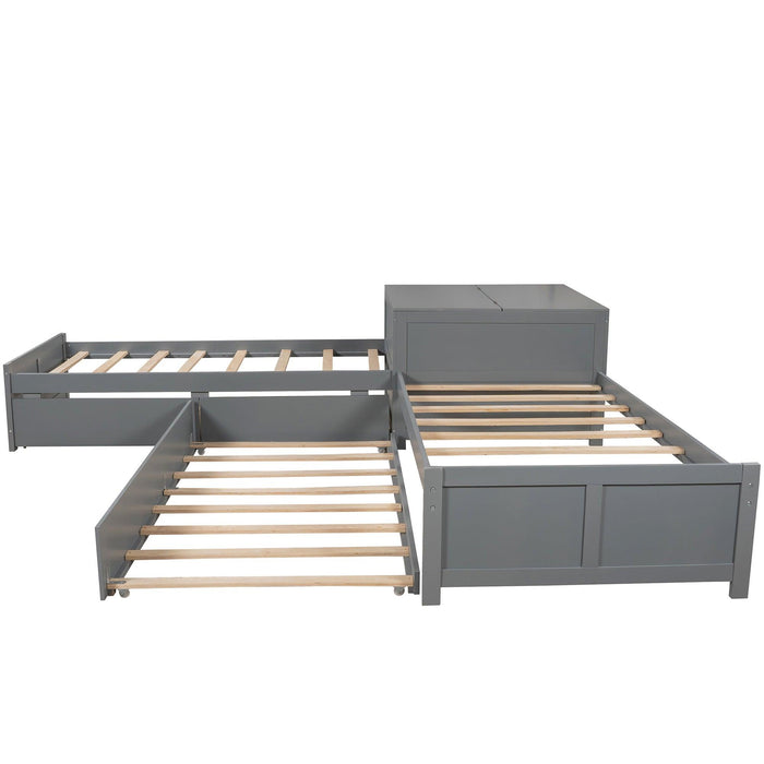 L-shaped Platform Bed with Trundle and Drawers Linked with built-in Flip Square Table,Twin,Gray